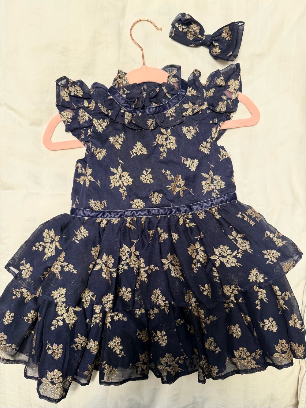 Janie and Jack Navy Dress with Gold Floral Accents and Bow